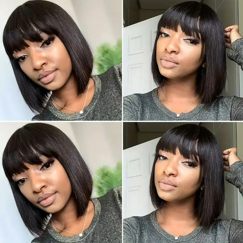 Brazilian Remy Non-toxic Wig, Straight Hair And Short Hair, Black. Human Hair Mechanism, Non-sticky And Non-toxic Wig With Bangs