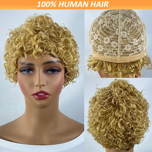 Curly Real Human Hair Wig - Pixie Cut Wig - 100% Density