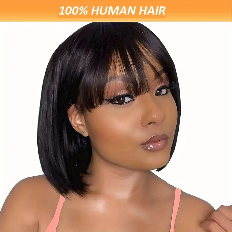 Brazilian Remy Non-toxic Wig, Straight Hair And Short Hair, Black. Human Hair Mechanism, Non-sticky And Non-toxic Wig With Bangs