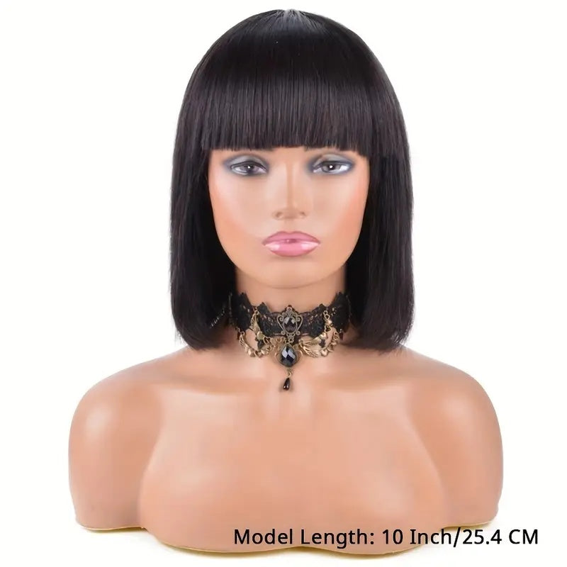 Brazilian Remy Non-toxic Wig, Straight Hair And Short Hair, Black. Human Hair Mechanism, Non-sticky And Non-toxic Wig With Bangs
