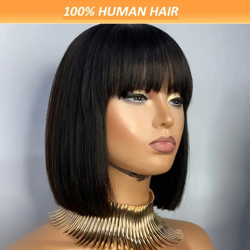 Brazilian Remy Non-toxic Wig, Straight Hair And Short Hair, Black. Human Hair Mechanism, Non-sticky And Non-toxic Wig With Bangs