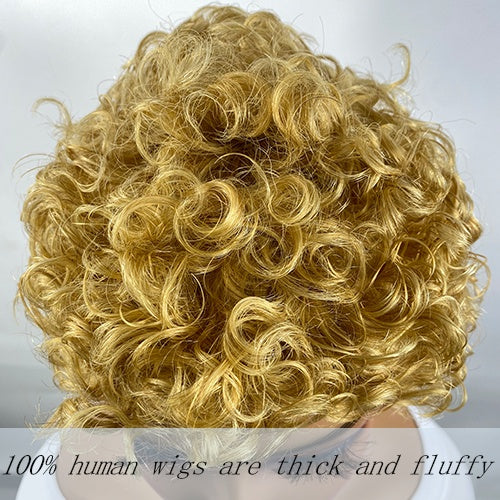 Curly Real Human Hair Wig - Pixie Cut Wig - 100% Density