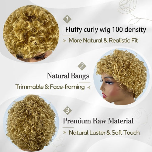 Curly Real Human Hair Wig - Pixie Cut Wig - 100% Density