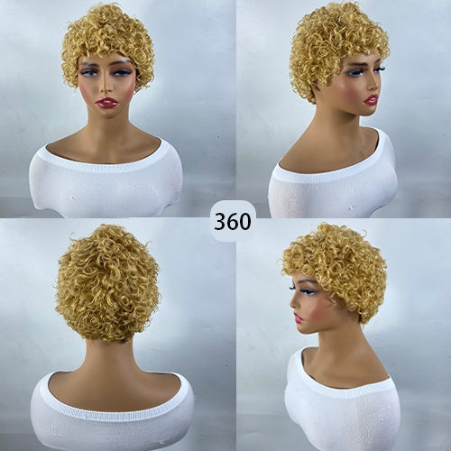 Curly Real Human Hair Wig - Pixie Cut Wig - 100% Density